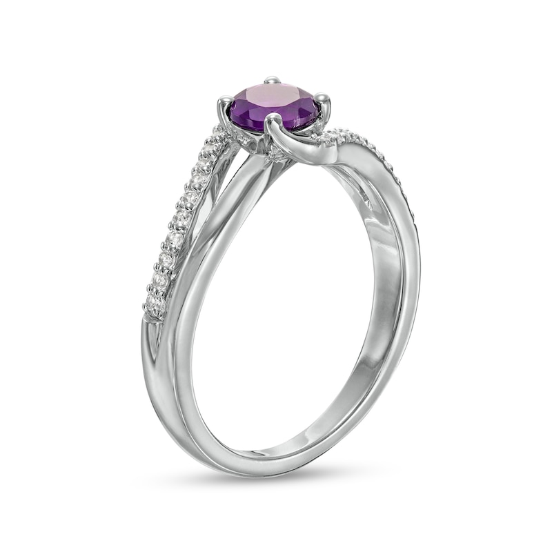 5.0mm Amethyst and White Lab-Created Sapphire Bypass Split Shank Ring in Sterling Silver