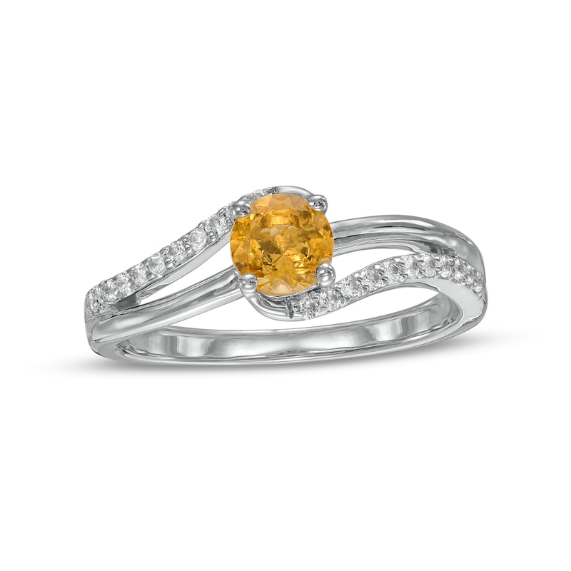 5.0mm Citrine and White Lab-Created Sapphire Bypass Split Shank Ring in Sterling Silver