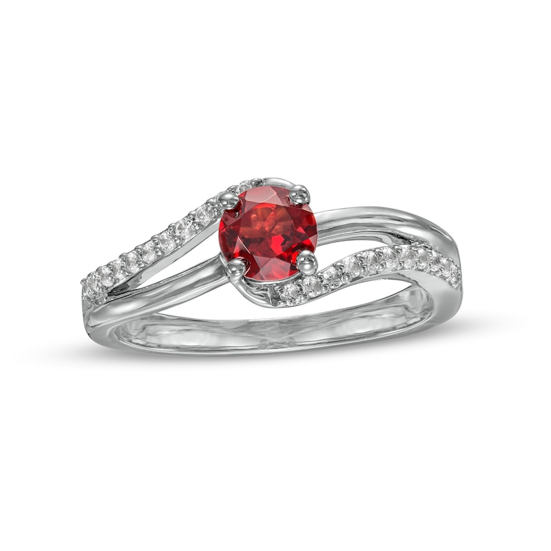 5.0mm Garnet and White Lab-Created Sapphire Bypass Split Shank Ring in Sterling Silver