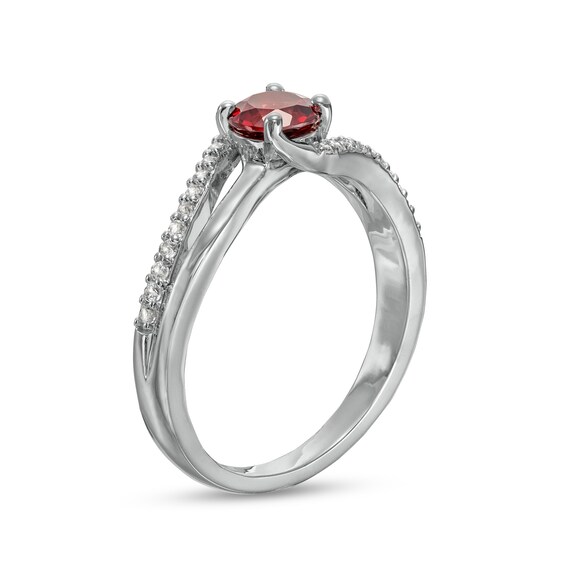 5.0mm Garnet and White Lab-Created Sapphire Bypass Split Shank Ring in Sterling Silver