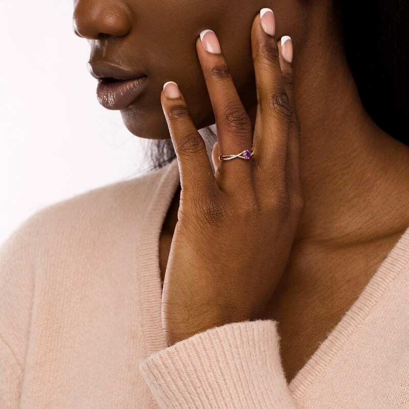 Main Image 2 of 4.0mm Amethyst and 0.04 CT. T.W. Diamond Criss-Cross Split Shank Ring in 10K Rose Gold