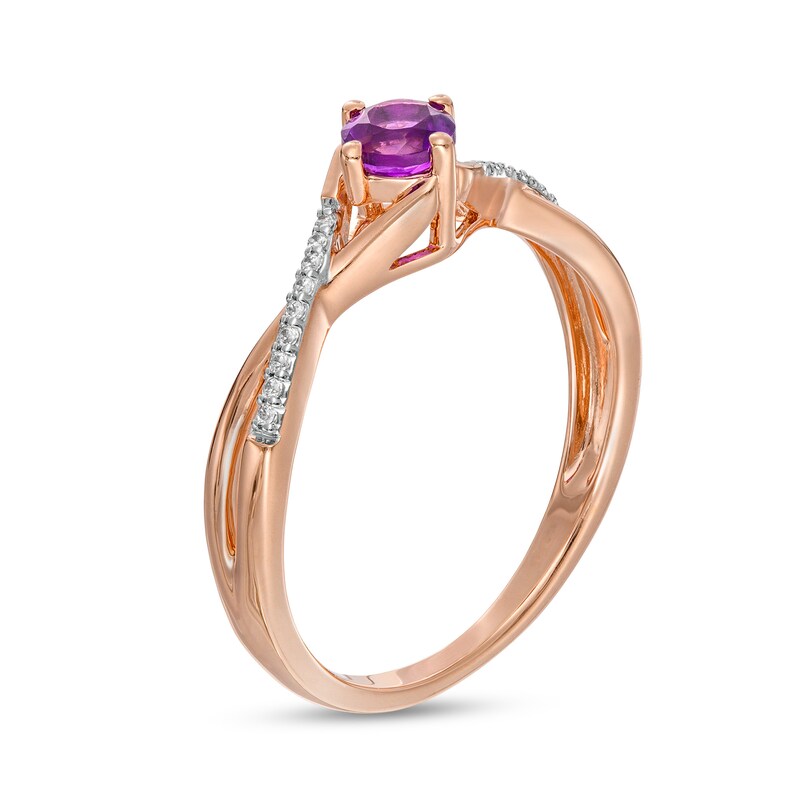 Main Image 3 of 4.0mm Amethyst and 0.04 CT. T.W. Diamond Criss-Cross Split Shank Ring in 10K Rose Gold
