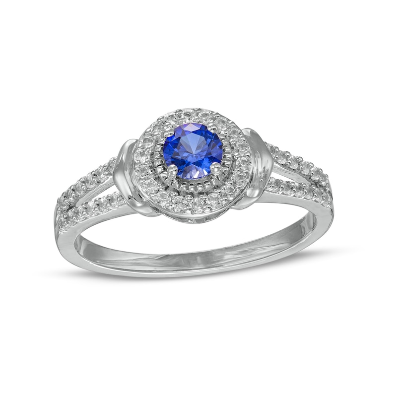 4.0mm Blue and White Lab-Created Sapphire Collar Split Shank Ring in Sterling Silver