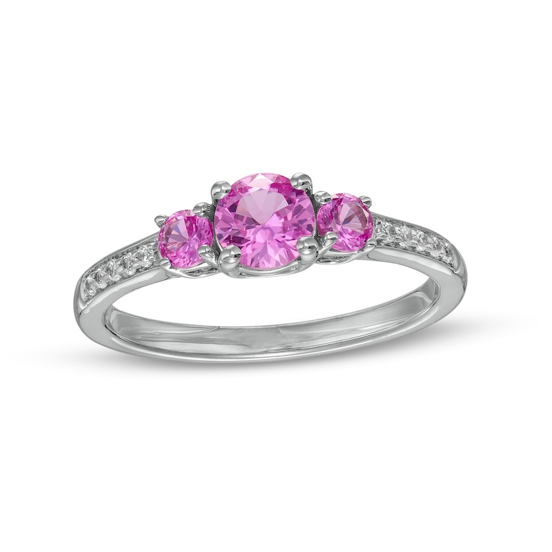 Pink and White Lab-Created Sapphire Three Stone Ring in Sterling Silver