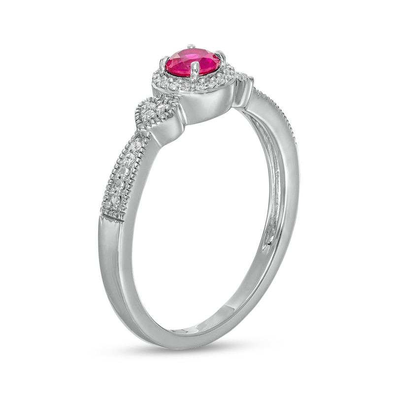 4.0mm Lab-Created Ruby and 0.06 CT. T.W. Diamond Frame Heart-Sides Vintage-Style Ring in Sterling Silver
