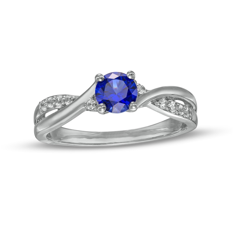 5.0mm Blue and White Lab-Created Sapphire Criss-Cross Split Shank Ring in Sterling Silver