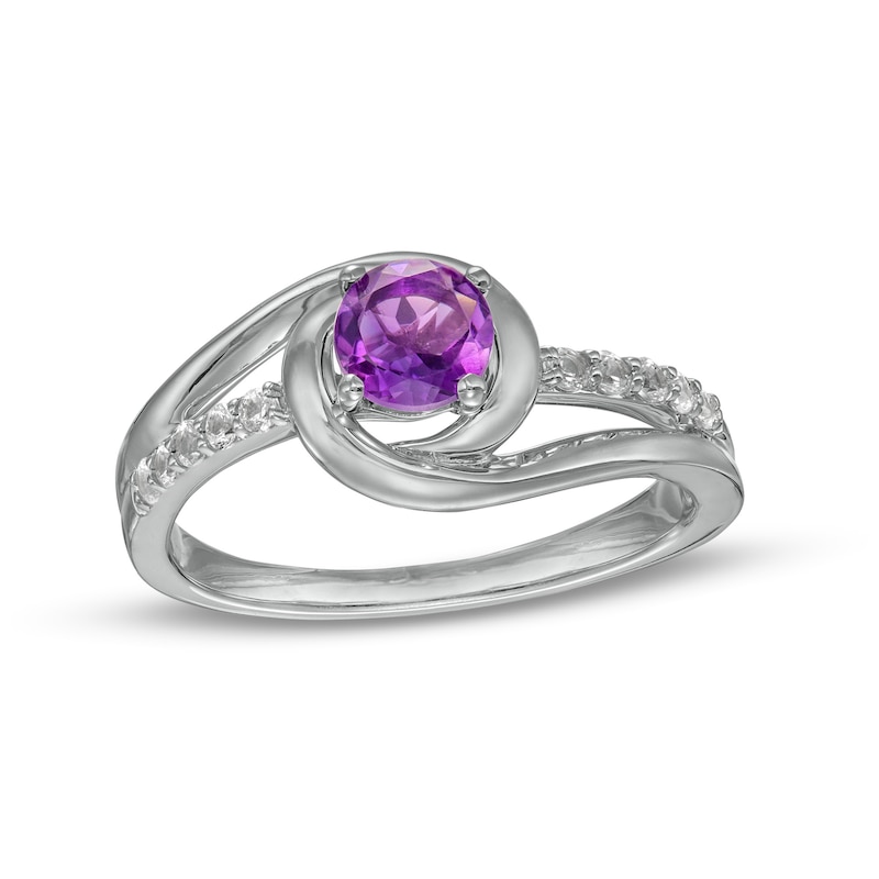 5.0mm Amethyst and White Lab-Created Sapphire Bypass Frame Ring in Sterling Silver
