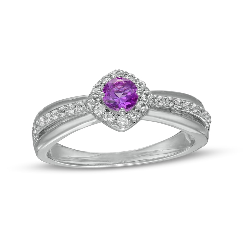 4.0mm Amethyst and White Lab-Created Sapphire Tilted Frame Ring in Sterling Silver