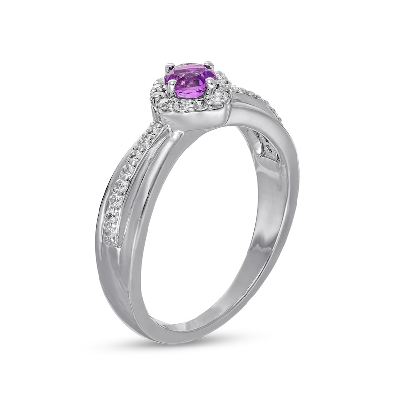 4.0mm Amethyst and White Lab-Created Sapphire Tilted Frame Ring in Sterling Silver