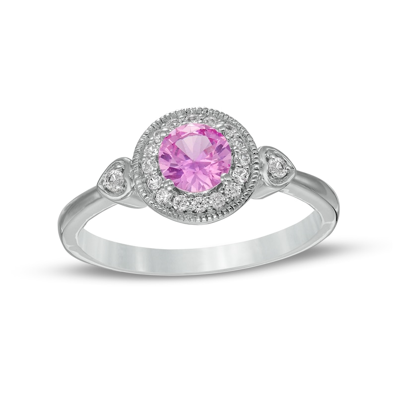 5.0mm Pink and White Lab-Created Sapphire Frame Heart-Sides Ring in Sterling Silver