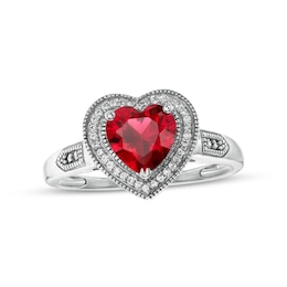 Heart-Shaped Lab-Created Ruby and 0.04 CT. T.W. Diamond Frame Vintage-Style Ring in Sterling Silver