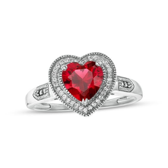 Heart-Shaped Lab-Created Ruby and 0.04 CT. T.W. Diamond Frame Vintage-Style Ring in Sterling Silver