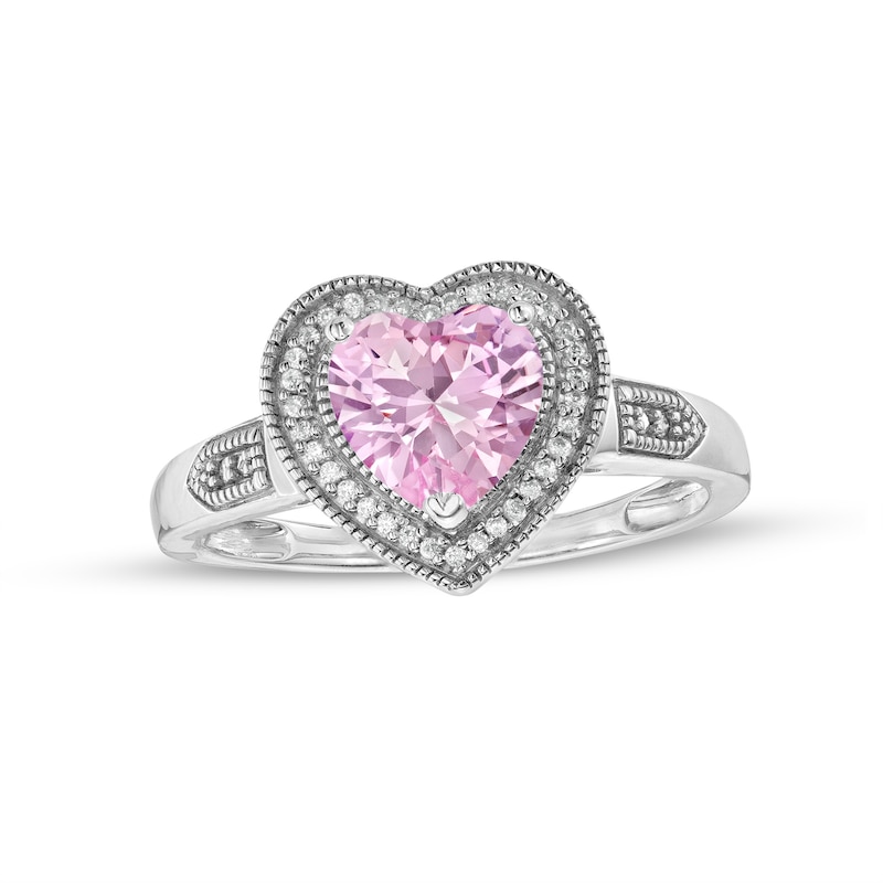 Heart-Shaped Lab-Created Sapphire and 0.04 CT. T.W. Diamond Frame Vintage-Style Ring in Sterling Silver