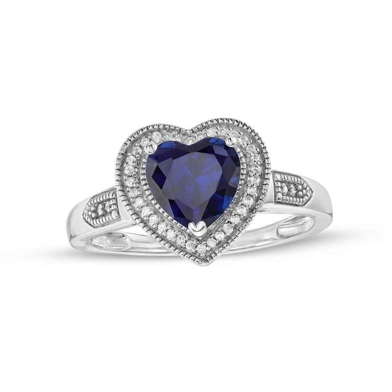 Main Image 1 of Heart-Shaped Blue Lab-Created Sapphire and 0.04 CT. T.W. Diamond Frame Vintage-Style Ring in Sterling Silver