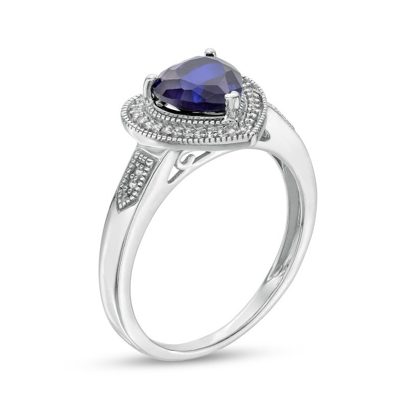 Main Image 3 of Heart-Shaped Blue Lab-Created Sapphire and 0.04 CT. T.W. Diamond Frame Vintage-Style Ring in Sterling Silver