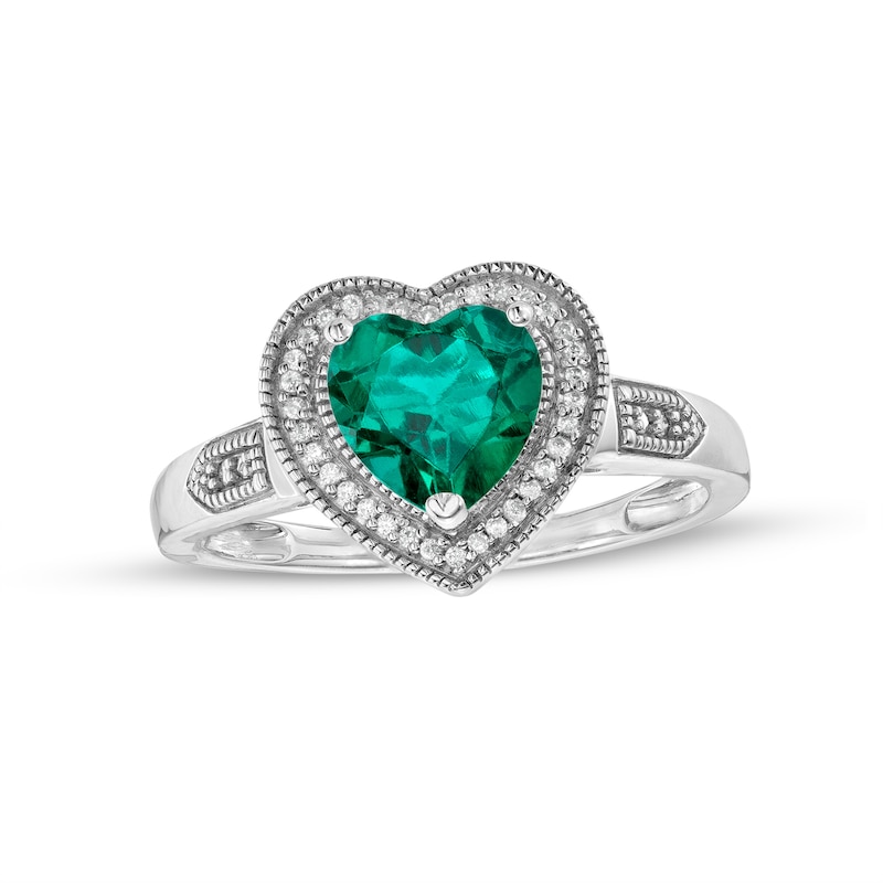 Heart-Shaped Lab-Created Emerald and 0.04 CT. T.W. Diamond Frame Vintage-Style Ring in Sterling Silver|Peoples Jewellers