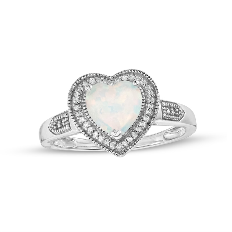 Heart-Shaped Lab-Created Opal and 0.04 CT. T.W. Diamond Frame Vintage-Style Ring in Sterling Silver
