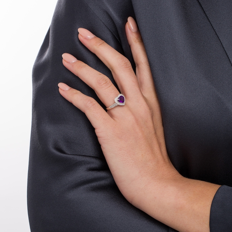 Main Image 2 of Heart-Shaped Amethyst and 0.04 CT. T.W. Diamond Frame Vintage-Style Ring in Sterling Silver