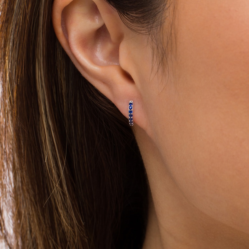Main Image 2 of Blue Sapphire Huggie Hoop Earrings in 10K White Gold
