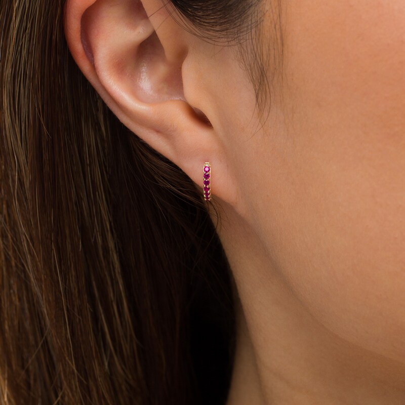 Main Image 2 of Ruby Huggie Hoop Earrings in 10K Gold