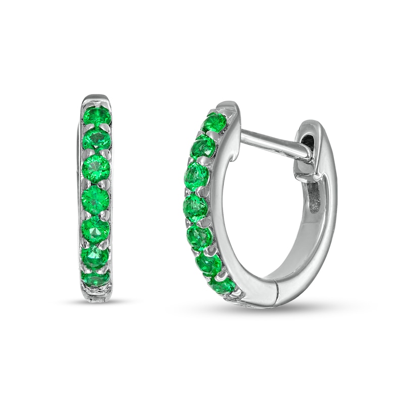 Main Image 1 of Emerald Huggie Hoop Earrings in 10K White Gold