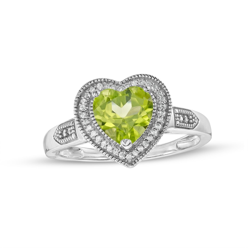 Heart-Shaped Peridot and 0.04 CT. T.W. Diamond Frame Vintage-Style Ring in Sterling Silver