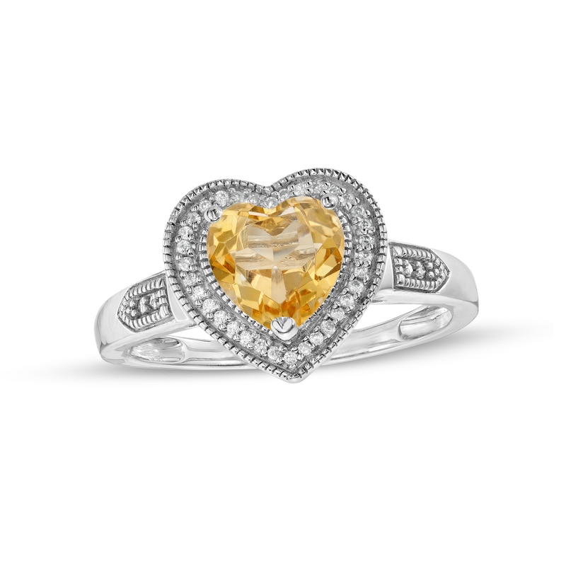 Heart-Shaped Citrine and 0.04 CT. T.W. Diamond Frame Vintage-Style Ring in Sterling Silver