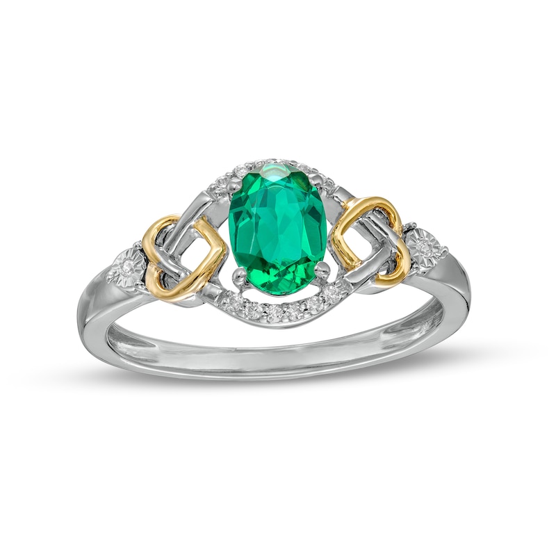 Oval Lab-Created Emerald and 0.04 CT. T.W. Diamond Frame Intertwined Frame Ring in Sterling Silver and 10K Gold