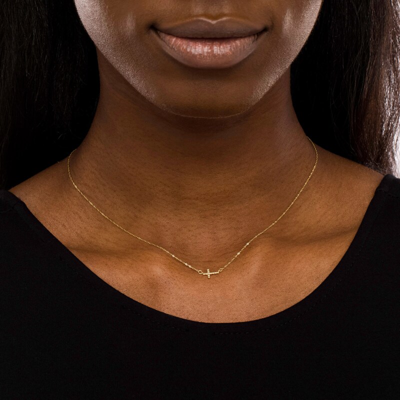 Main Image 2 of Sideways Diamond-Cut Bead Cross Necklace in 10K Gold - 17"