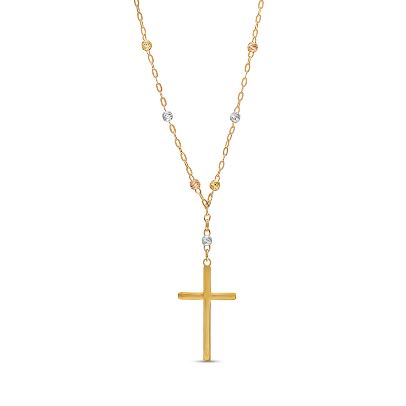 Cross and Brilliance Bead Station "Y" Necklace in 10K Tri-Tone Gold - 17"