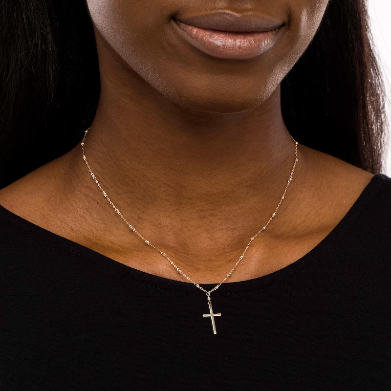Main Image 2 of Cross and Brilliance Bead Station "Y" Necklace in 10K Tri-Tone Gold - 17"