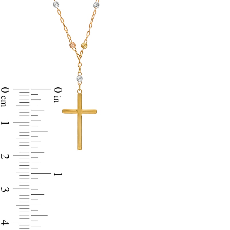 Cross and Brilliance Bead Station "Y" Necklace in 10K Tri-Tone Gold - 17"