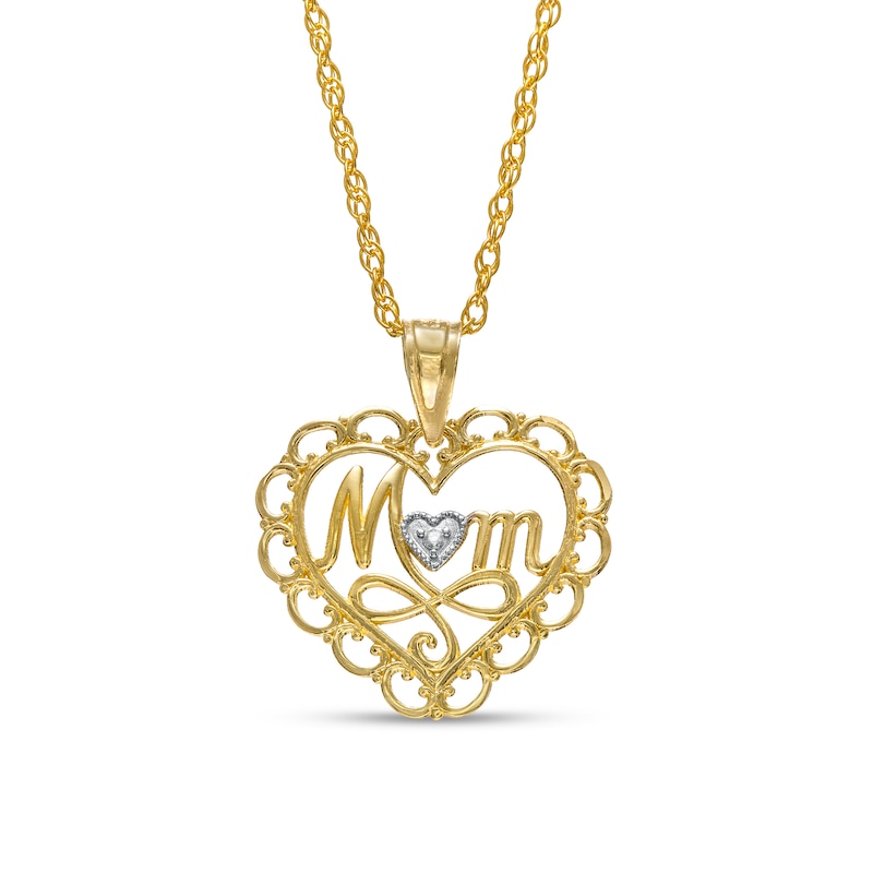 Cursive "Mom" with Beaded Heart Accent and Swirl Ribbon Scallop Frame Heart Pendant in 10K Two-Tone Gold|Peoples Jewellers