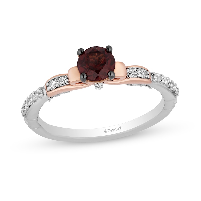 Enchanted Disney Snow White 5.0mm Garnet and 0.18 CT. T.W. Diamond Bow Promise Ring in Sterling Silver and 10K Rose Gold