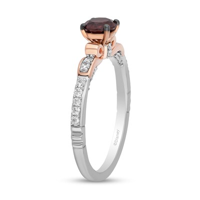 Enchanted Disney Snow White 5.0mm Garnet and 0.18 CT. T.W. Diamond Bow Promise Ring in Sterling Silver and 10K Rose Gold