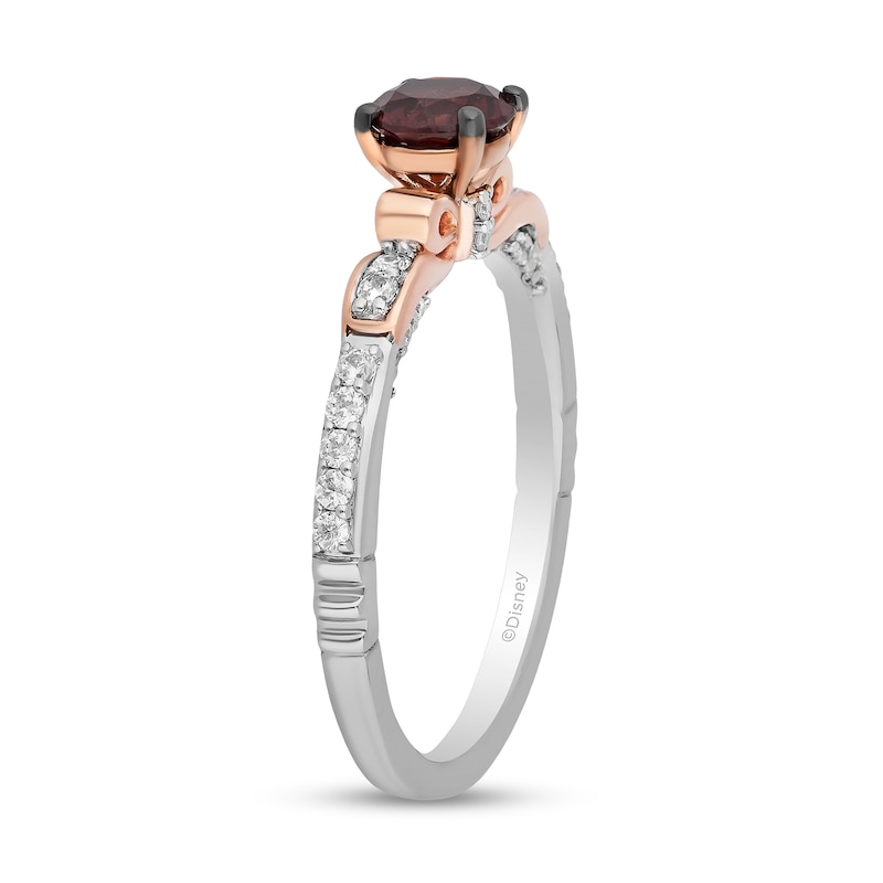 Enchanted Disney Snow White 5.0mm Garnet and 0.18 CT. T.W. Diamond Bow Promise Ring in Sterling Silver and 10K Rose Gold