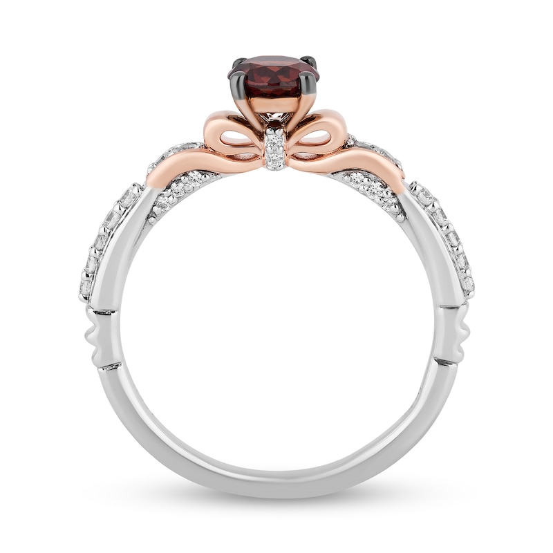 Enchanted Disney Snow White 5.0mm Garnet and 0.18 CT. T.W. Diamond Bow Promise Ring in Sterling Silver and 10K Rose Gold