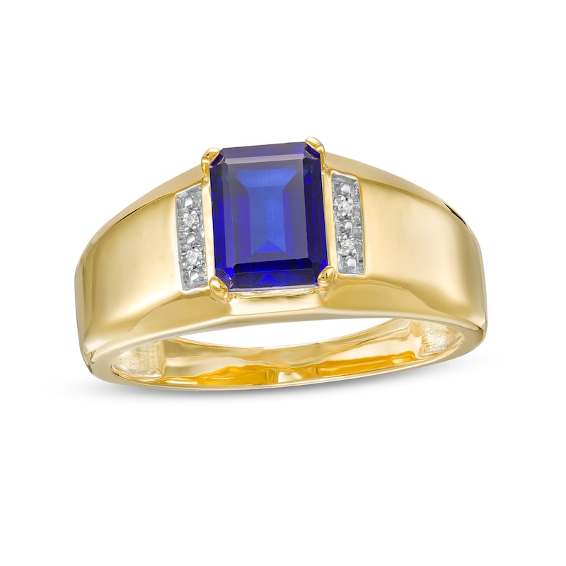 Men's Emerald-Cut Blue Lab-Created Sapphire and Diamond Accent Collar Bevelled Edge Ring in 10K Gold