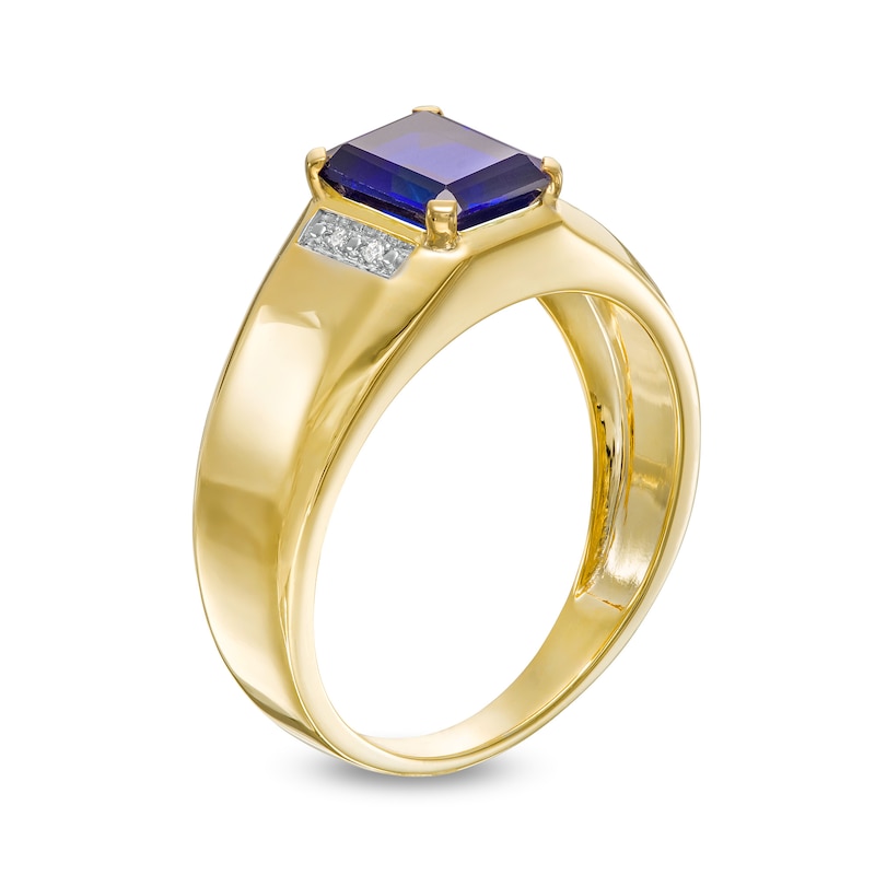 Main Image 3 of Men's Emerald-Cut Blue Lab-Created Sapphire and Diamond Accent Collar Bevelled Edge Ring in 10K Gold