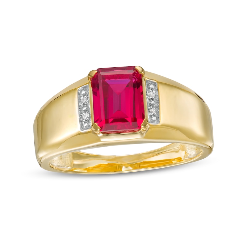 Men's Emerald-Cut Lab-Created Ruby and Diamond Accent Collar Bevelled Edge Ring in 10K Gold|Peoples Jewellers