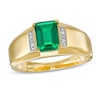 Thumbnail Image 0 of Men's Emerald-Cut Lab-Created Emerald and Diamond Accent Collar Bevelled Edge Ring in 10K Gold