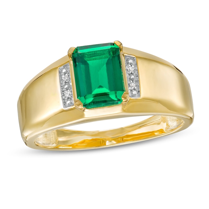 Men's Emerald-Cut Lab-Created Emerald and Diamond Accent Collar Bevelled Edge Ring in 10K Gold|Peoples Jewellers