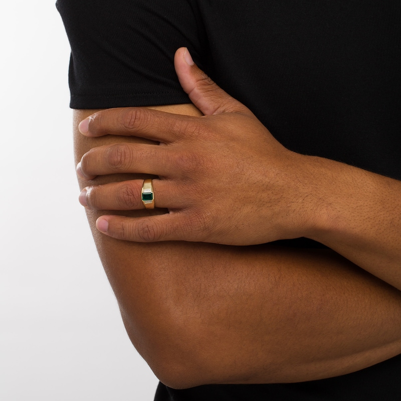 Main Image 2 of Men's Emerald-Cut Lab-Created Emerald and Diamond Accent Collar Bevelled Edge Ring in 10K Gold