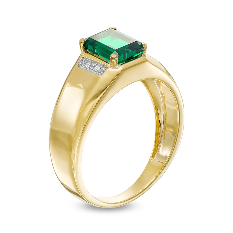 Main Image 3 of Men's Emerald-Cut Lab-Created Emerald and Diamond Accent Collar Bevelled Edge Ring in 10K Gold