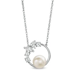 Freshwater Cultured Pearl and Multi-Shape White Lab-Created Sapphire Scatter Open Circle Necklace in Sterling Silver