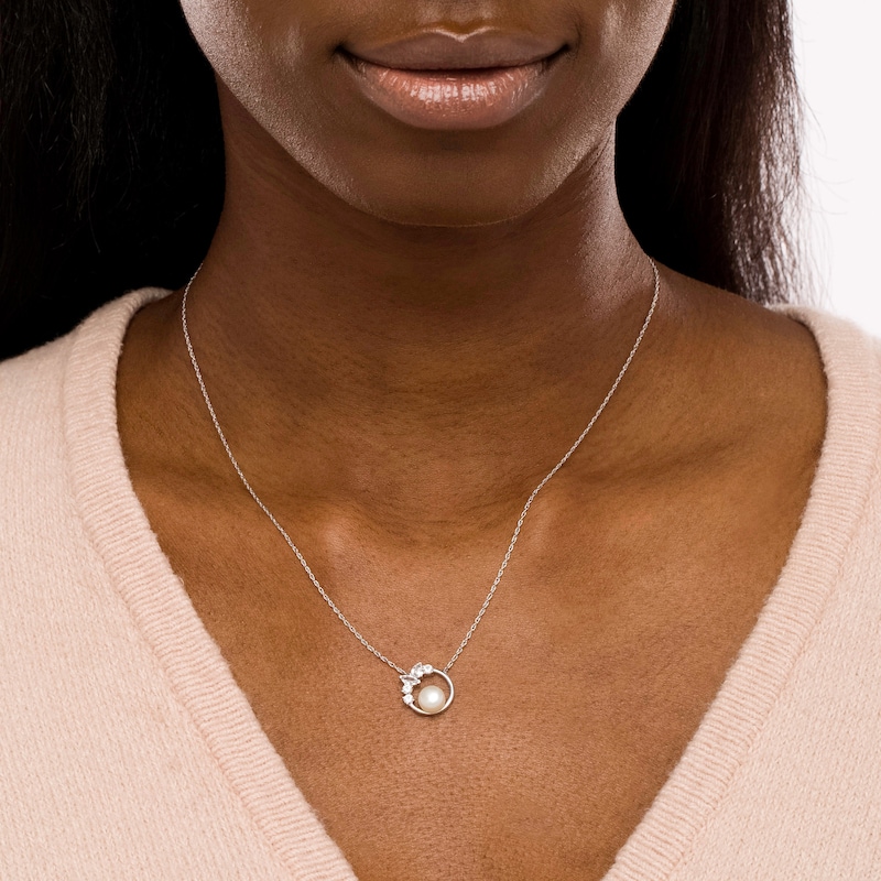 Main Image 2 of Freshwater Cultured Pearl and Multi-Shape White Lab-Created Sapphire Scatter Open Circle Necklace in Sterling Silver
