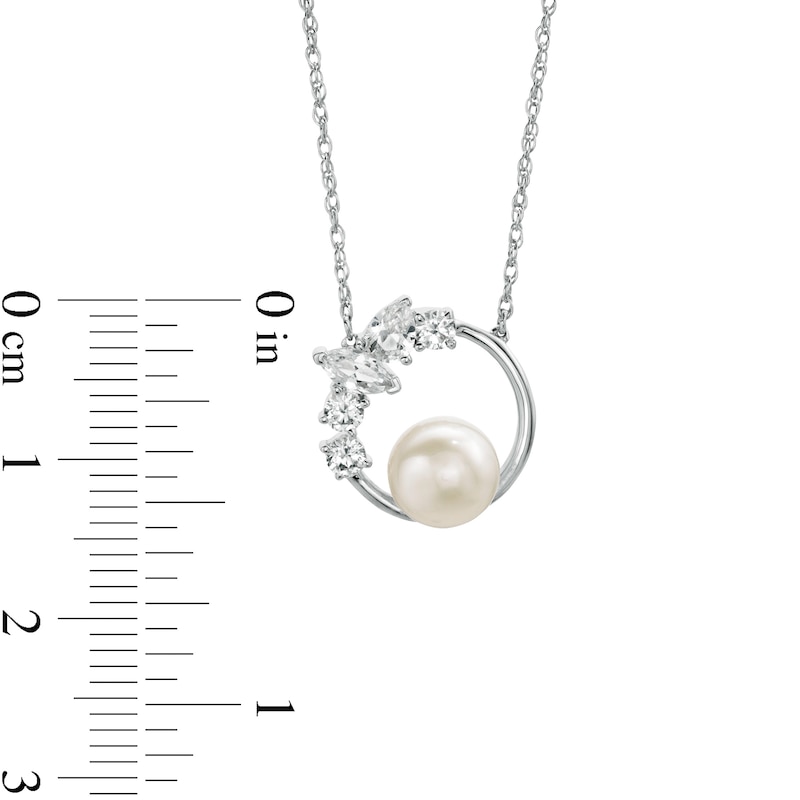 Main Image 3 of Freshwater Cultured Pearl and Multi-Shape White Lab-Created Sapphire Scatter Open Circle Necklace in Sterling Silver