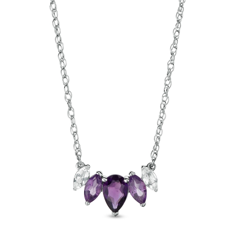 Pear-Shaped and Marquise Amethyst and White Lab-Created Sapphire Graduated Five Stone Curved Necklace in Sterling Silver|Peoples Jewellers