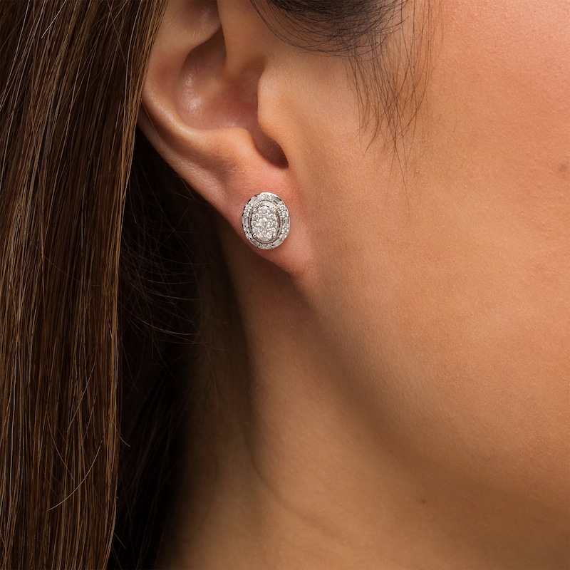 Main Image 2 of 0.50 CT. T.W. Composite Oval Diamond Frame Vintage-Style Stud Earrings in 10K White Gold