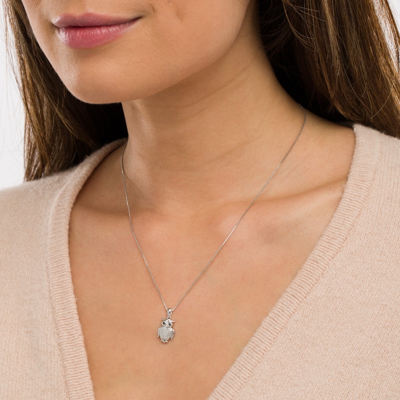 Main Image 2 of Black Enhanced and White Diamond Accent Owl Pendant in Sterling Silver